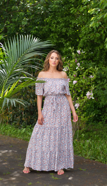 Trendy Off-Shoulder Maxidress with flower print Turquoise